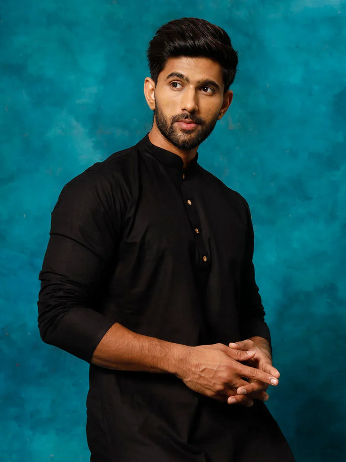 Men's Black Cotton Blend Kurta Pyjama Set