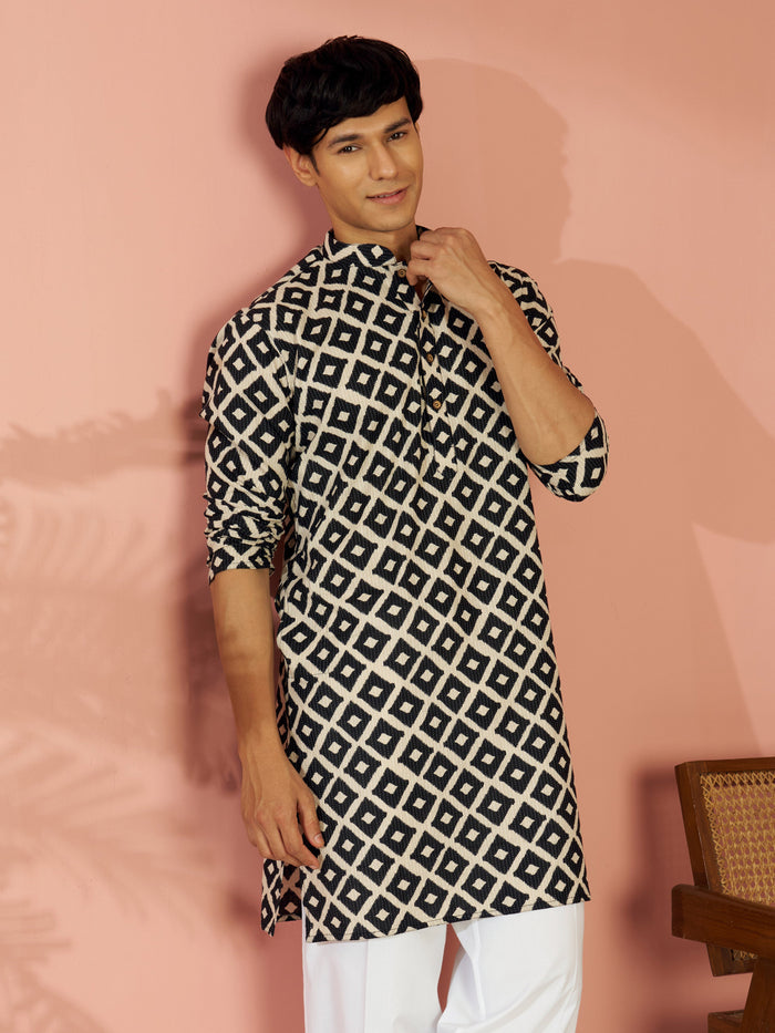 Men's Black Cotton Geometric Print & Embroidered Mid-Length Kurta