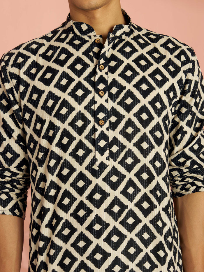Men's Black Cotton Geometric Print & Embroidered Mid-Length Kurta