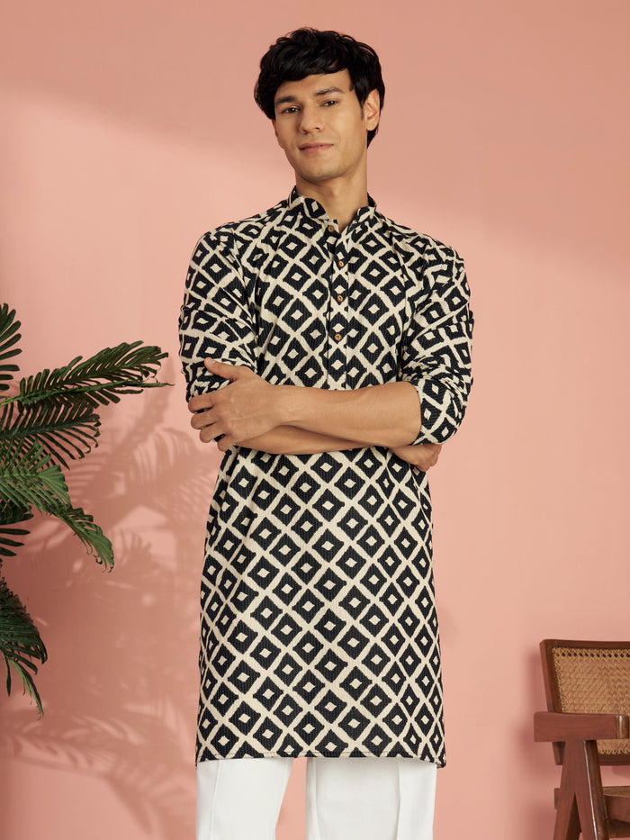 Men's Black Cotton Geometric Print & Embroidered Mid-Length Kurta