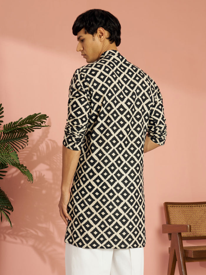 Men's Black Cotton Geometric Print & Embroidered Mid-Length Kurta