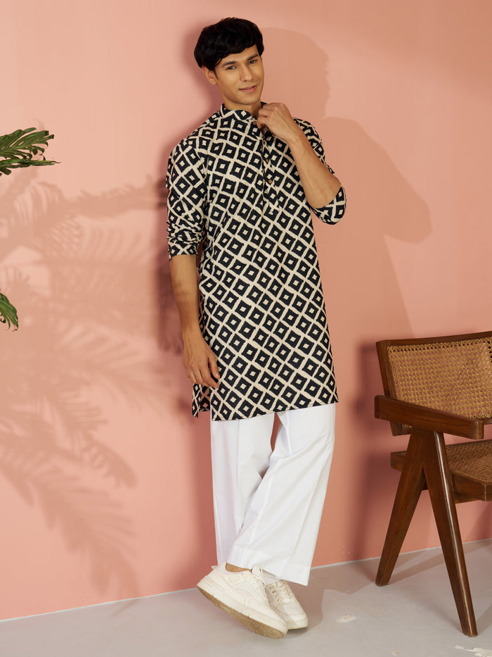 Men's Black Cotton Geometric Print & Embroidered Mid-Length Kurta