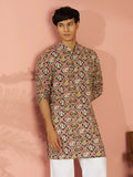 Men's Black Cotton Patola Printed Mid-Length Kurta