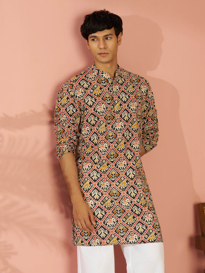 Men's Black Cotton Patola Printed Mid-Length Kurta