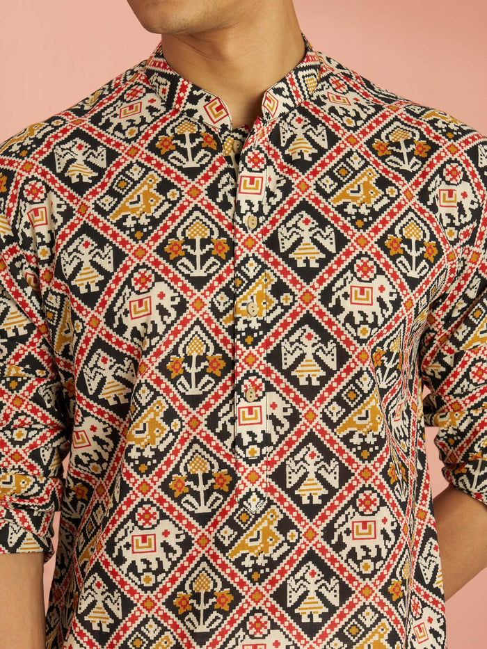 Men's Black Cotton Patola Printed Mid-Length Kurta