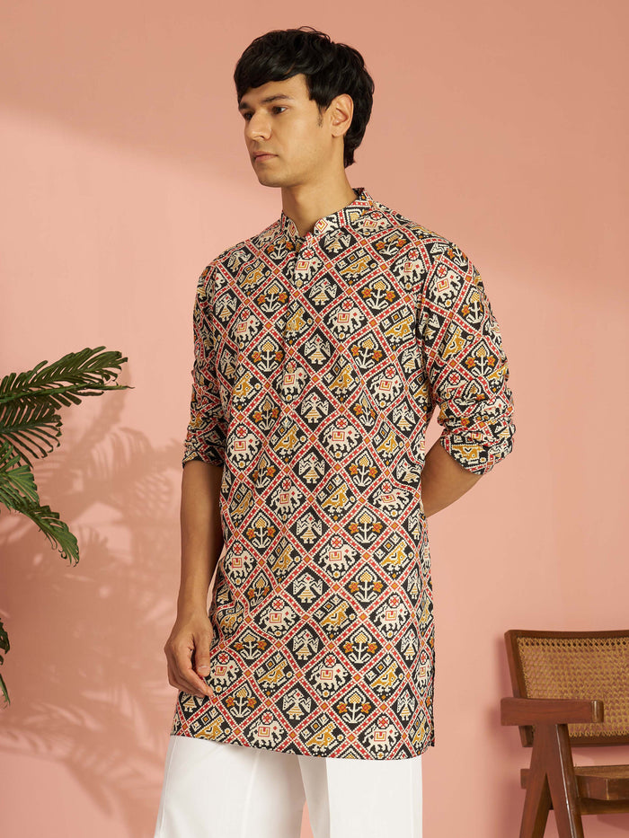 Men's Black Cotton Patola Printed Mid-Length Kurta