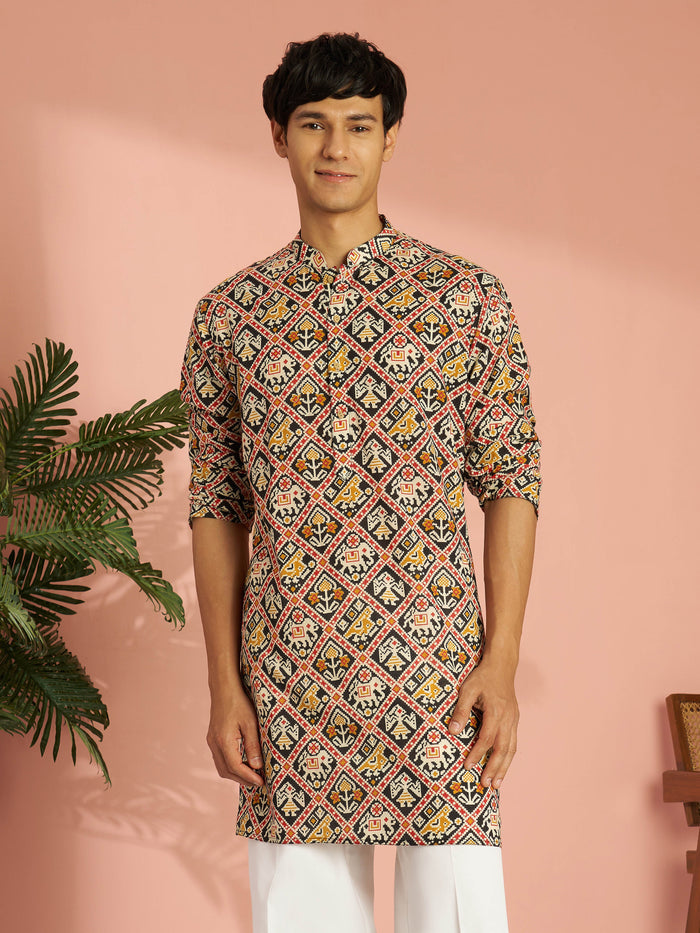 Men's Black Cotton Patola Printed Mid-Length Kurta