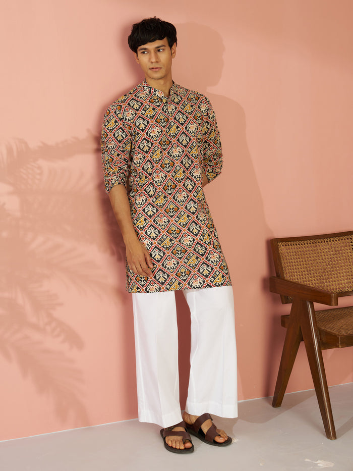 Men's Black Cotton Patola Printed Mid-Length Kurta