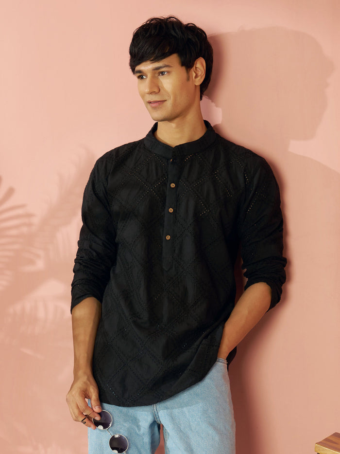 Men's Black Cotton Thread Embroidered Short Kurta