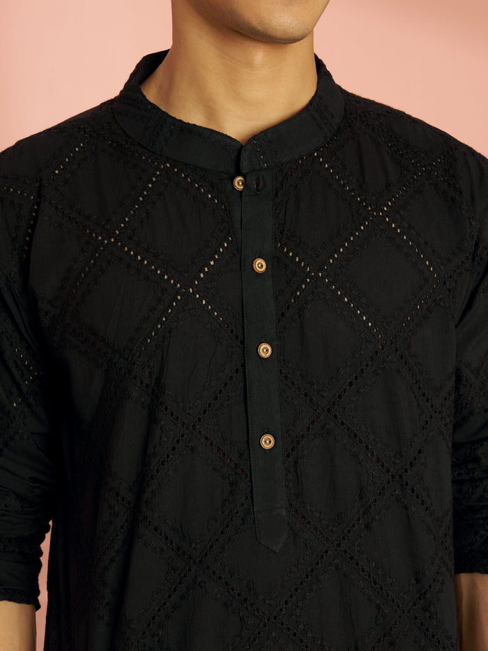 Men's Black Cotton Thread Embroidered Short Kurta