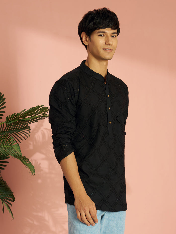 Men's Black Cotton Thread Embroidered Short Kurta