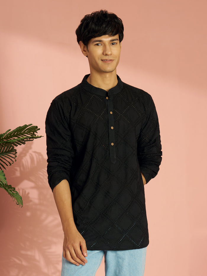 Men's Black Cotton Thread Embroidered Short Kurta