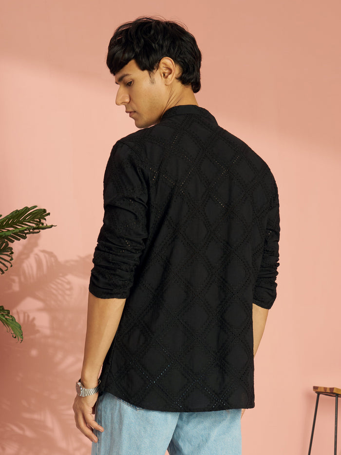 Men's Black Cotton Thread Embroidered Short Kurta
