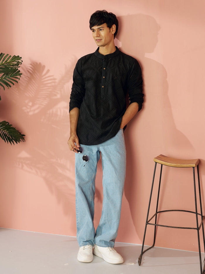 Men's Black Cotton Thread Embroidered Short Kurta