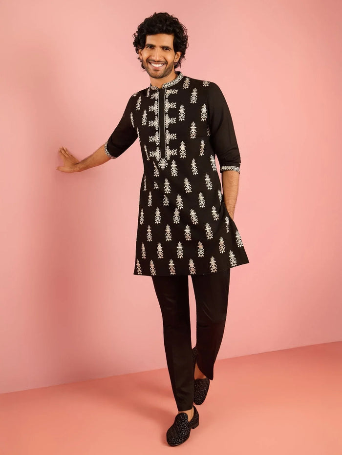 Men's Black Embroidered Kurta Pant Set