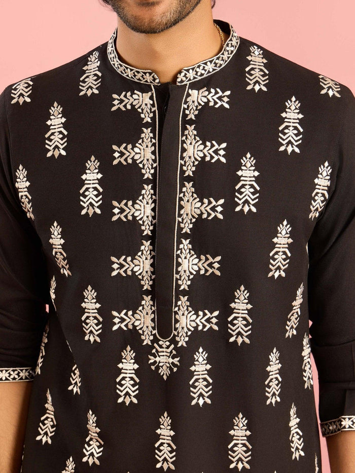 Men's Black Embroidered Kurta Pant Set