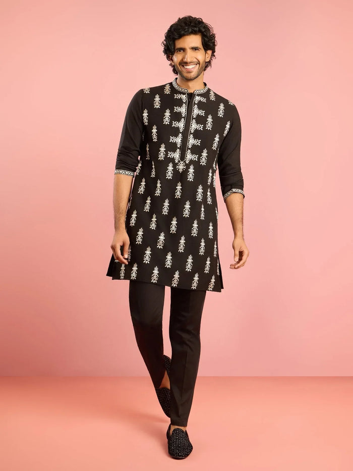 Men's Black Embroidered Kurta Pant Set