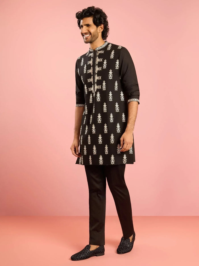 Men's Black Embroidered Kurta Pant Set
