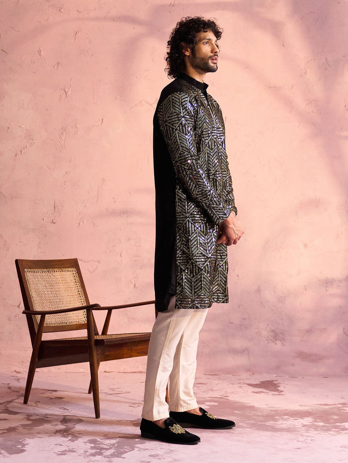 Men's Black Georgette Embellished Kurta Pant Set