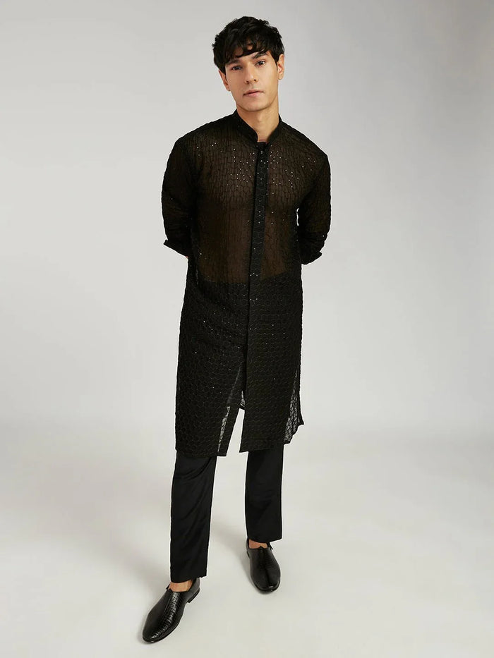 Men's Black Georgette Kurta with Cotton Lycra Pant Set