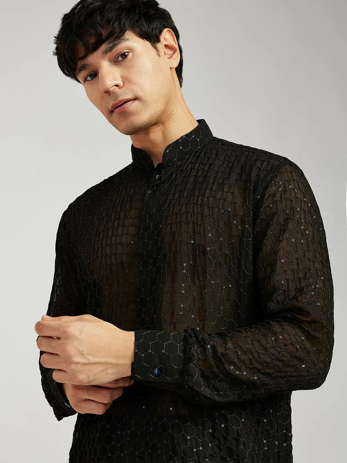 Men's Black Georgette Kurta with Cotton Lycra Pant Set