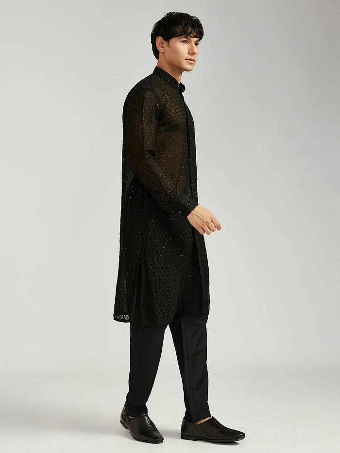Men's Black Georgette Kurta with Cotton Lycra Pant Set