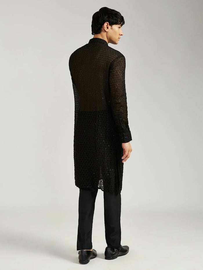 Men's Black Georgette Kurta with Cotton Lycra Pant Set