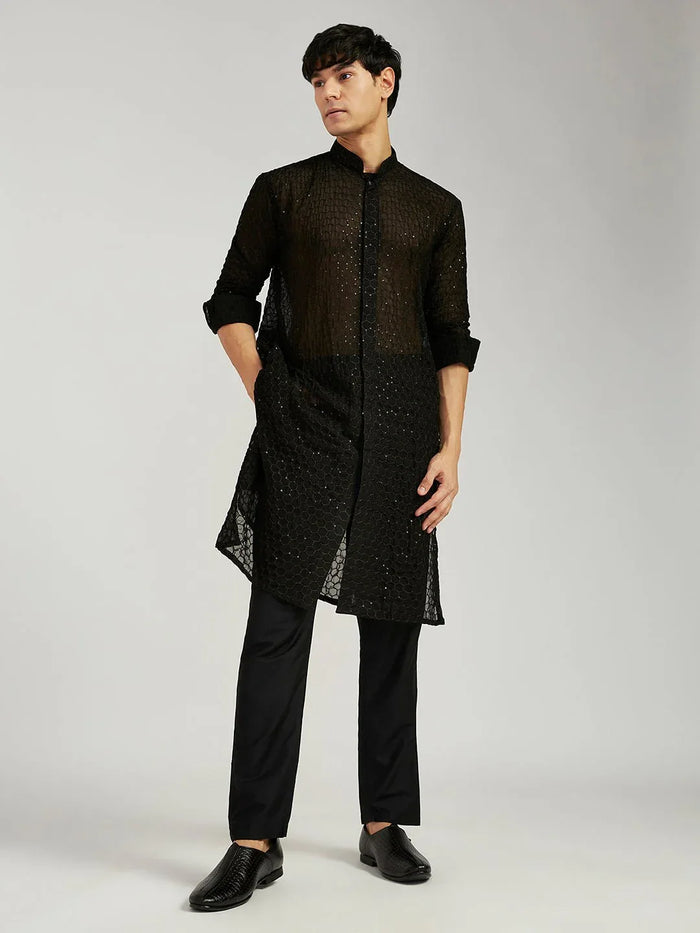 Men's Black Georgette Kurta with Cotton Lycra Pant Set