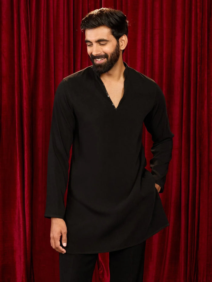 Men's Black Imported Suiting Sequin Beads Geometric Neckline Embroidered Mid-Length Kurta