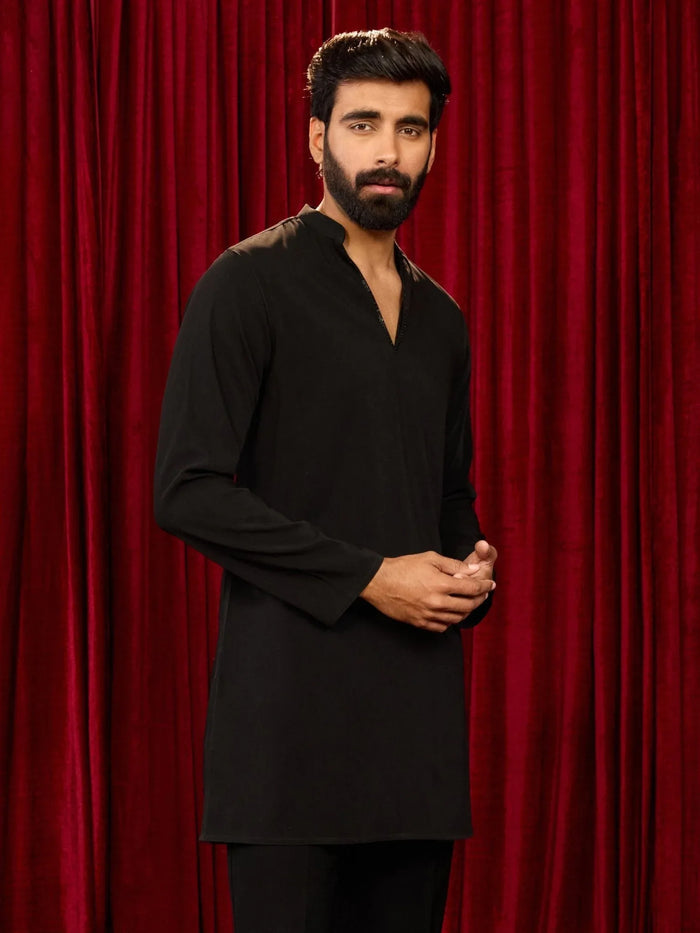Men's Black Imported Suiting Sequin Beads Geometric Neckline Embroidered Mid-Length Kurta