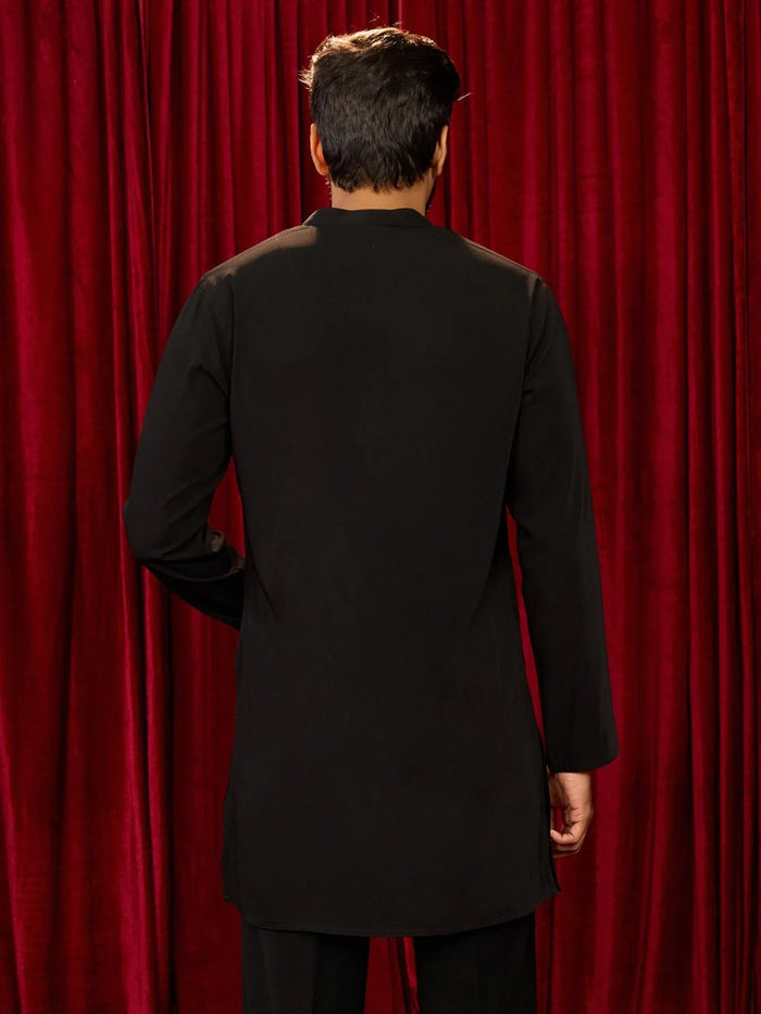 Men's Black Imported Suiting Sequin Beads Geometric Neckline Embroidered Mid-Length Kurta