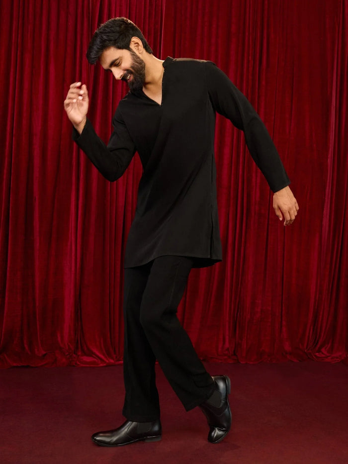 Men's Black Imported Suiting Sequin Beads Geometric Neckline Embroidered Mid-Length Kurta