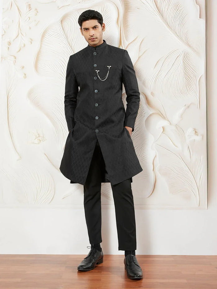 Men's Black Kalka Jacquard Silk Blend Sherwani with Black Viscose Pyjama