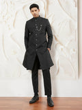 Men's Black Kalka Jacquard Silk Blend Sherwani with Black Viscose Pyjama