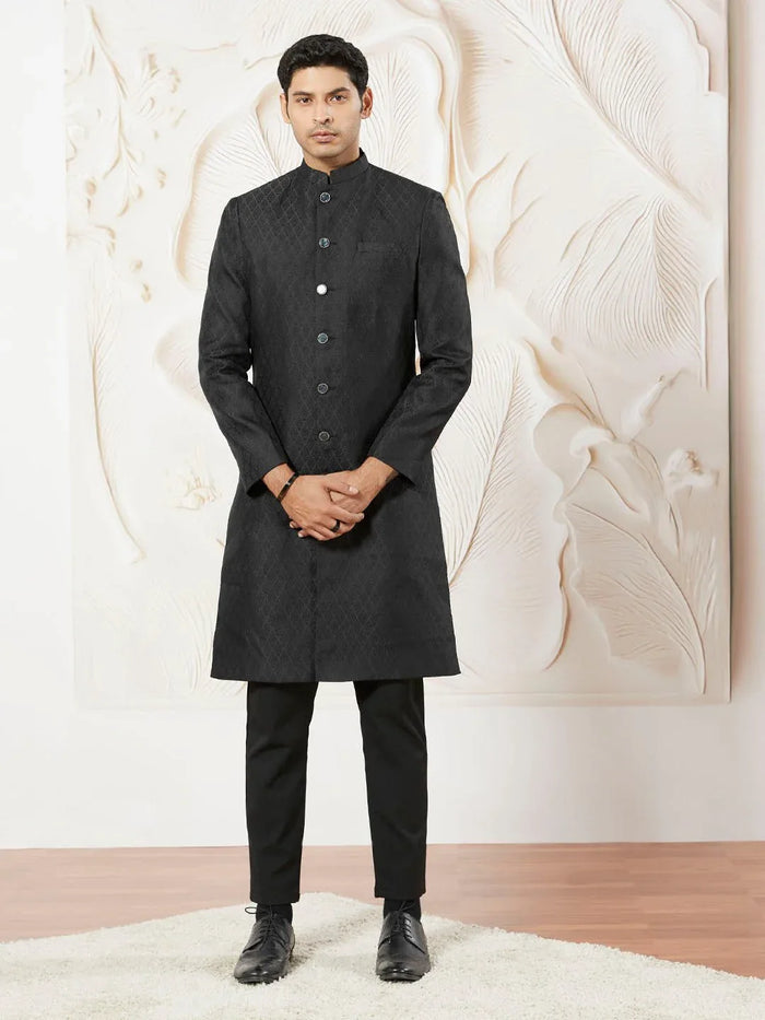 Men's Black Kalka Jacquard Silk Blend Sherwani with Black Viscose Pyjama