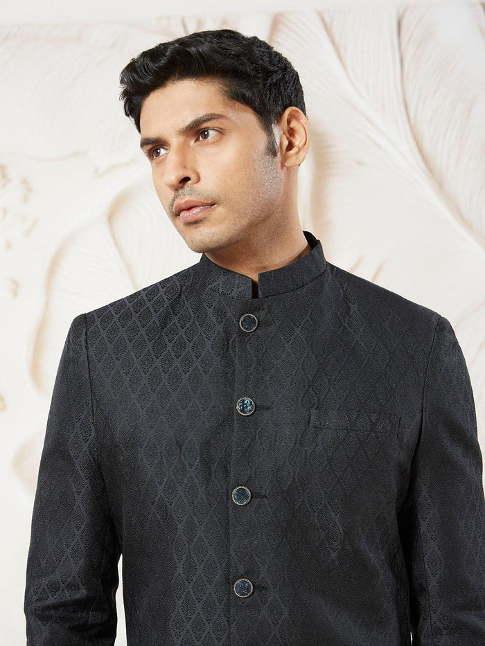 Men's Black Kalka Jacquard Silk Blend Sherwani with Black Viscose Pyjama