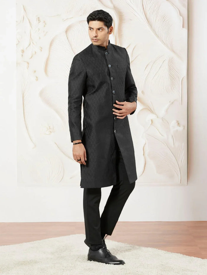 Men's Black Kalka Jacquard Silk Blend Sherwani with Black Viscose Pyjama