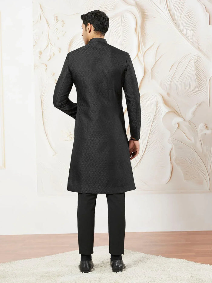 Men's Black Kalka Jacquard Silk Blend Sherwani with Black Viscose Pyjama