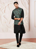 Men's Black Kurta Pyjama Set with Green Printed Nehru Jacket