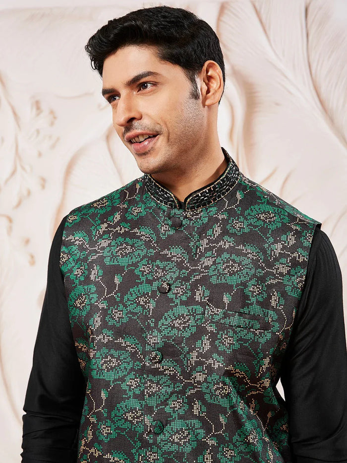 Men's Black Kurta Pyjama Set with Green Printed Nehru Jacket