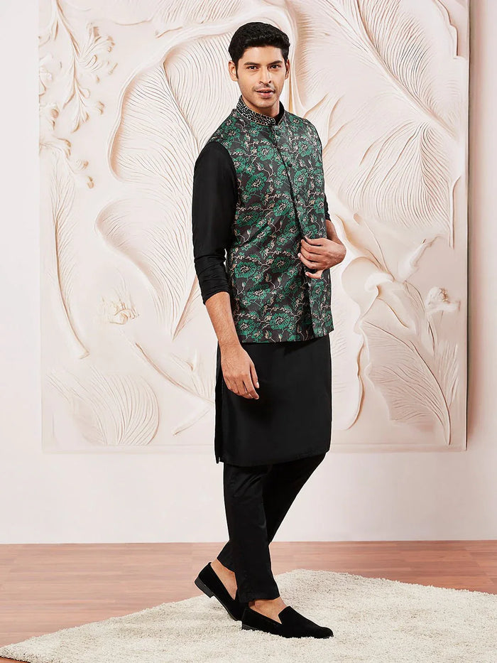 Men's Black Kurta Pyjama Set with Green Printed Nehru Jacket
