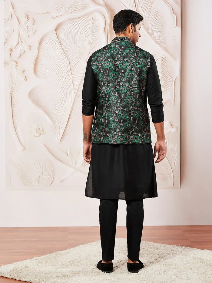 Men's Black Kurta Pyjama Set with Green Printed Nehru Jacket