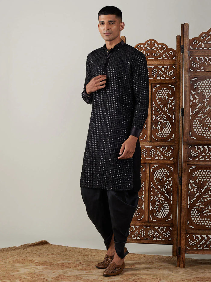 Men's Black Mirror Georgette Kurta Dhoti Set