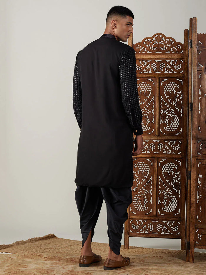 Men's Black Mirror Georgette Kurta Dhoti Set