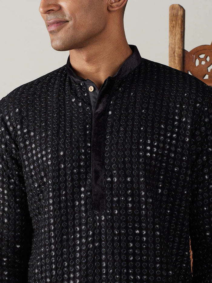 Men's Black Mirror Georgette Kurta Dhoti Set
