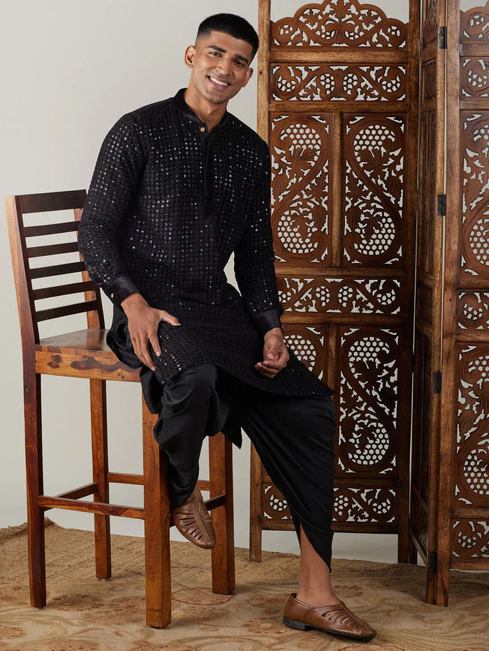 Men's Black Mirror Georgette Kurta Dhoti Set