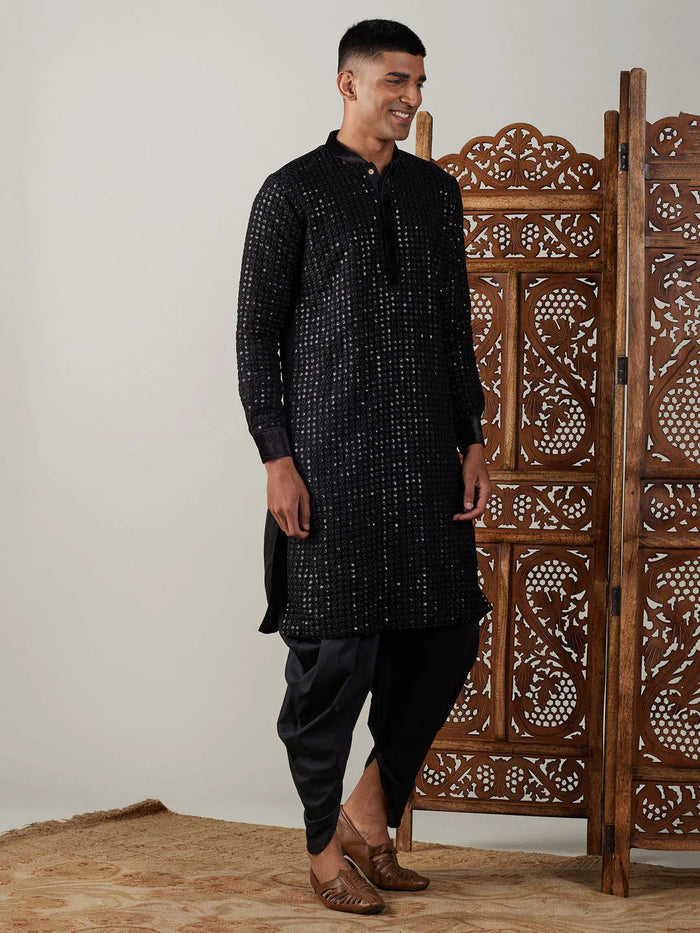 Men's Black Mirror Georgette Kurta Dhoti Set