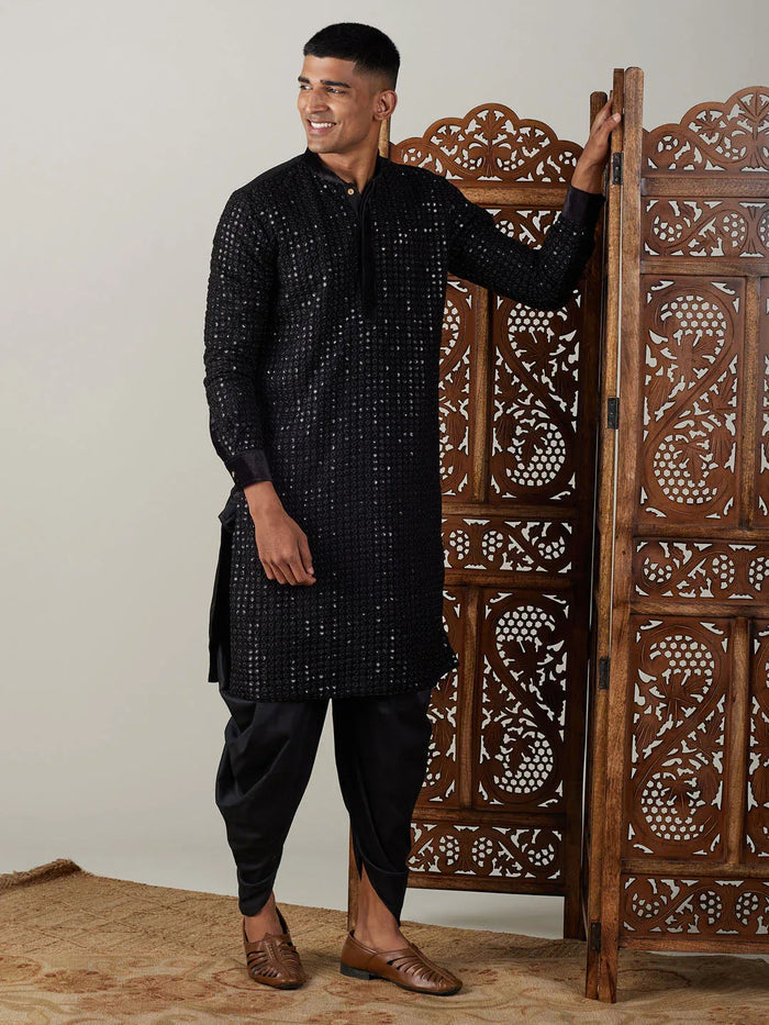Men's Black Mirror Georgette Kurta Dhoti Set