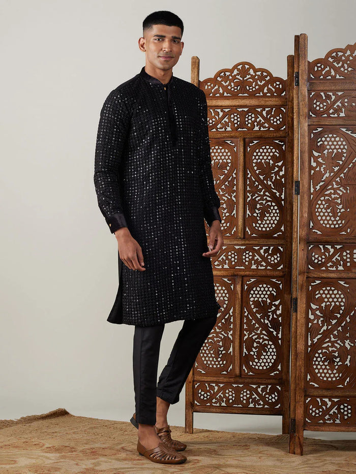 Men's Black Mirror Georgette Kurta Pant Set