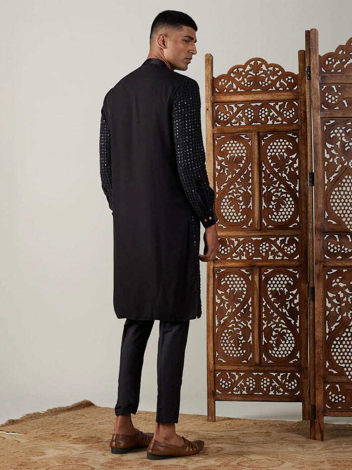 Men's Black Mirror Georgette Kurta Pant Set